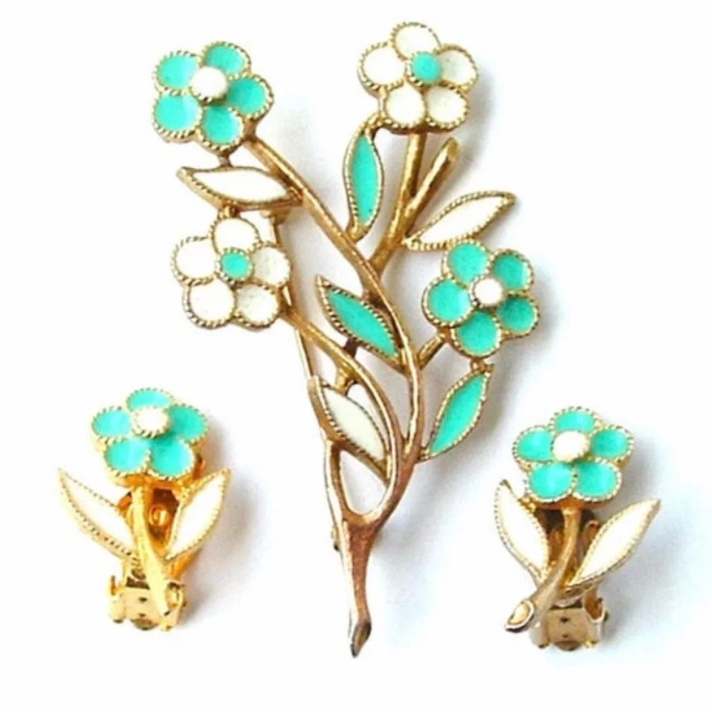 Jewelry Set Brooch Earrings White Turquoise